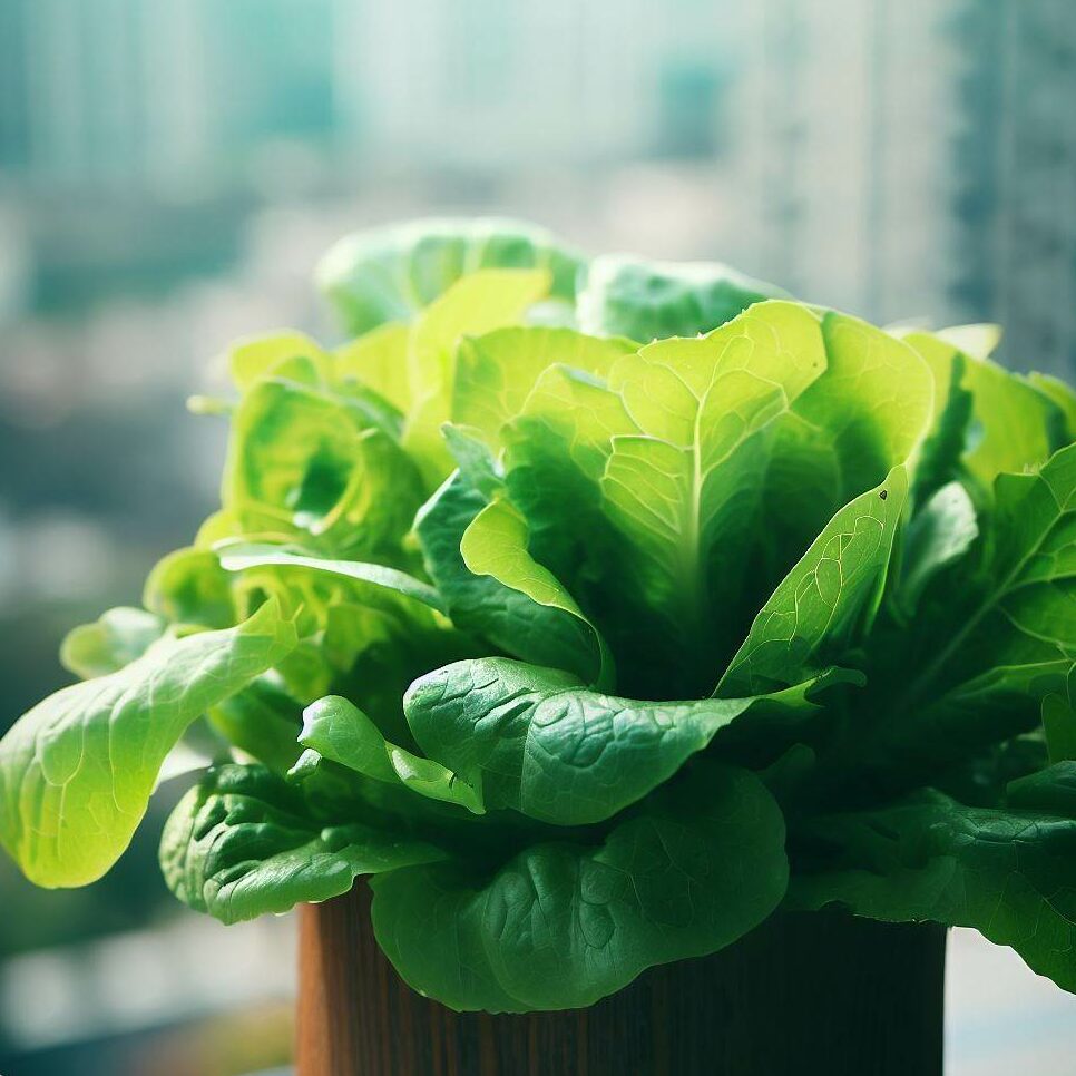 A pot with fast-growing lettuce on a balcony