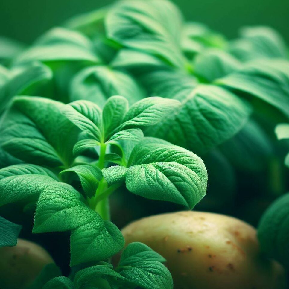 A potato plant growing in a container