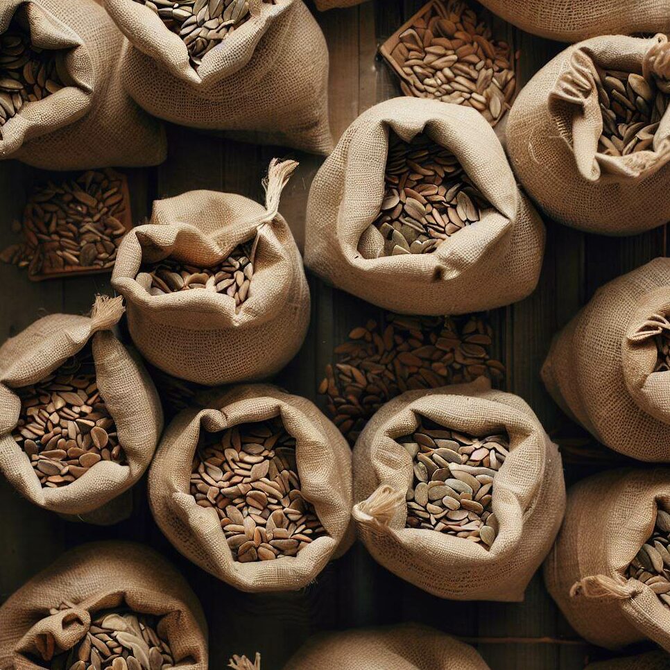 A top down photo of many burlap sacks filled with dried pumpkin seeds