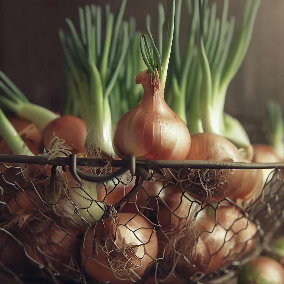 A wire basket filled with whole onions that have sprouted green tops