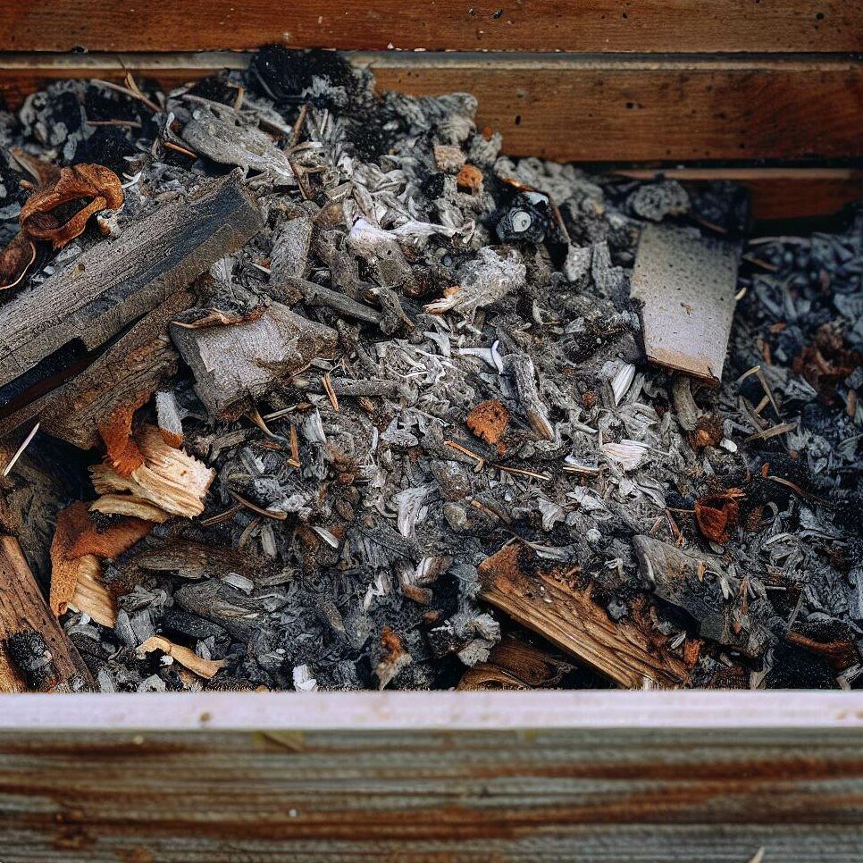 A wooden bin filled with compost and ashes