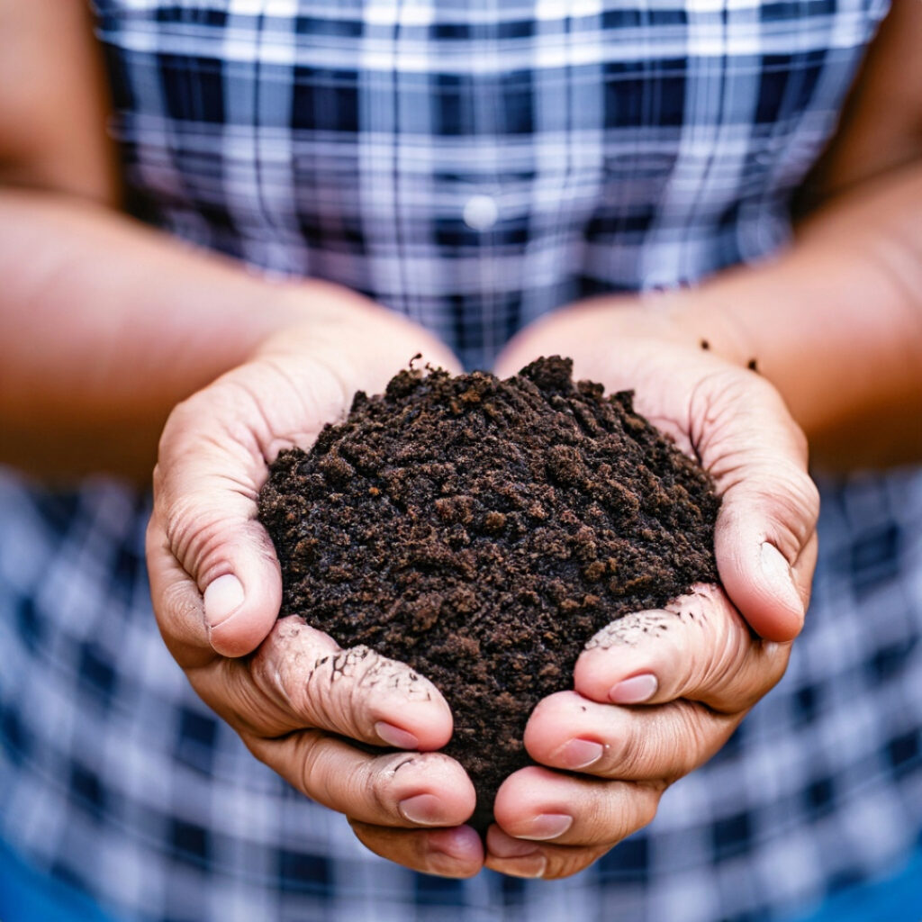 An image of a farmer holding a handful of rich, dark soil