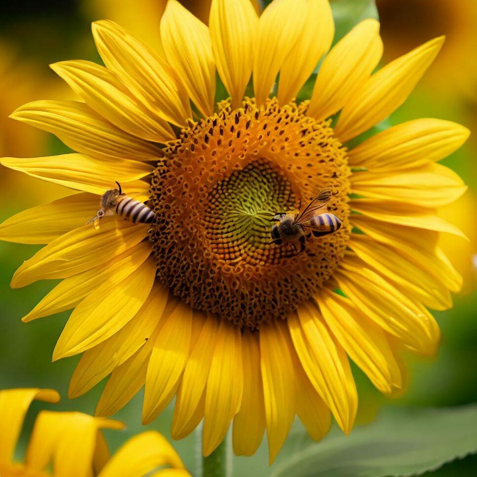 Bees pollinating sunflowers