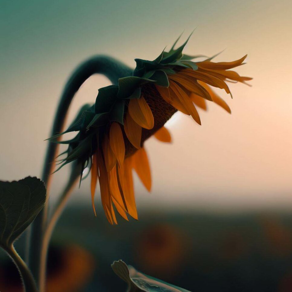 Close-up of a sunflower drooping at sunset