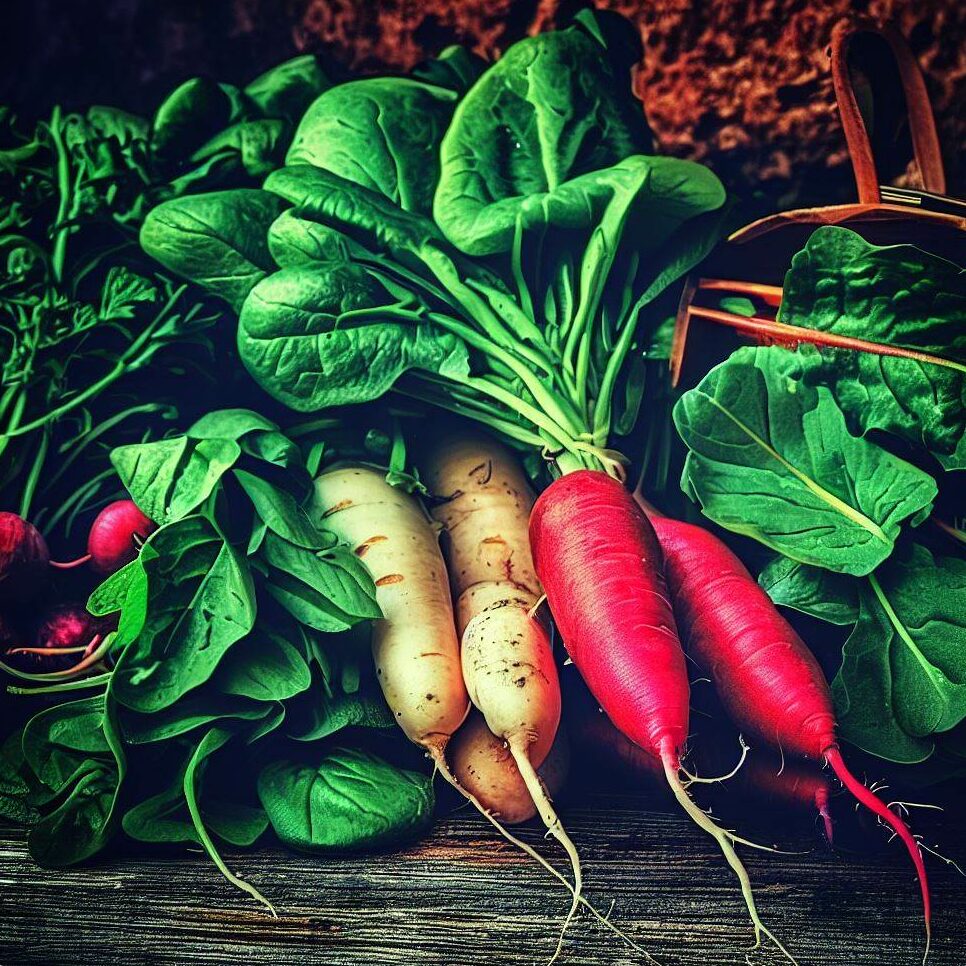 Freshly harvested fast-growing vegetables on a wooden table