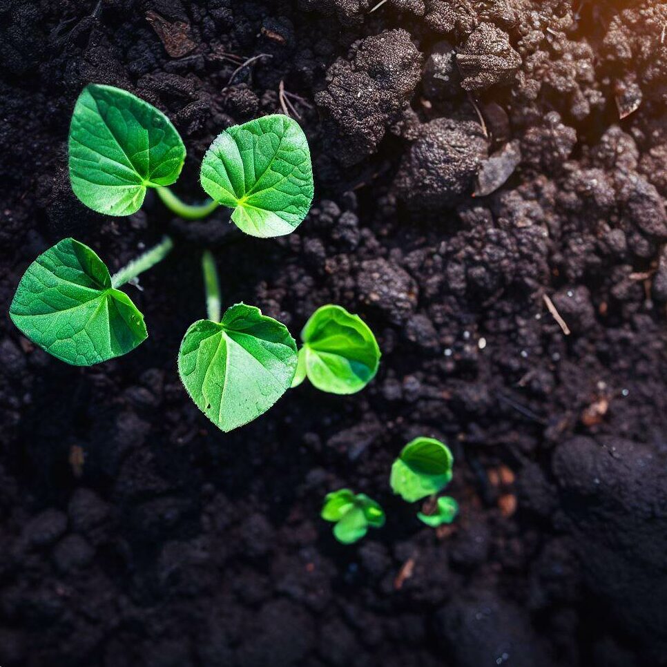 Photo from above of pumpkin seedlings emerging from dark moist soil