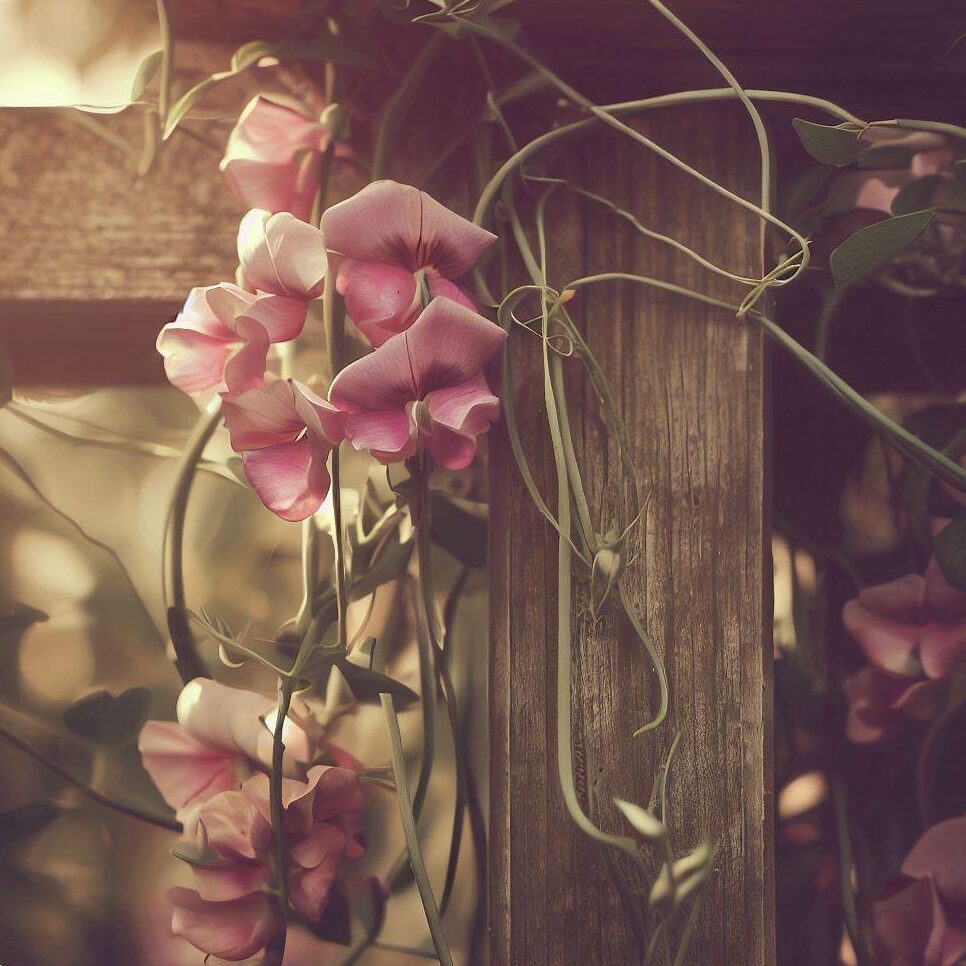 Sweet peas climbing a rustic trellis