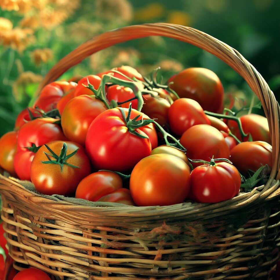 a basket filled with freshly picked hybrid tomatoes