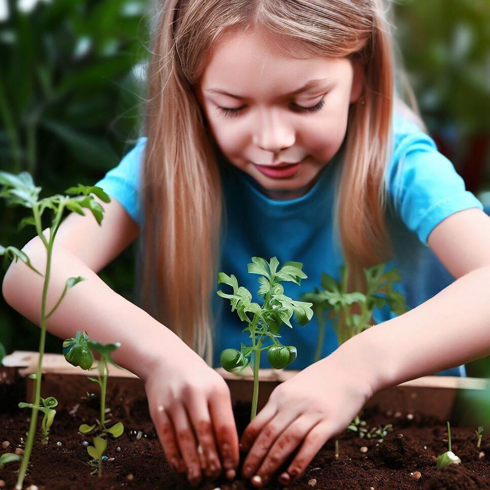 a child planting hybrid tomato seeds in a garden