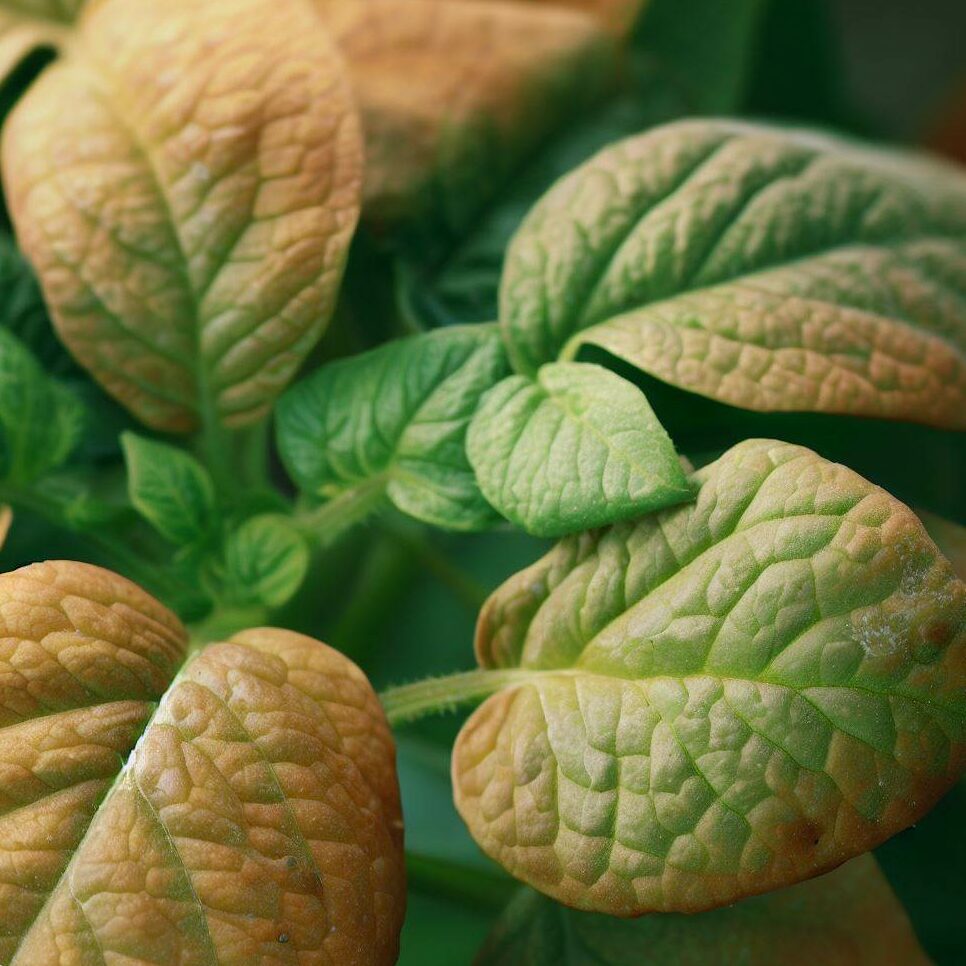 a close-up of a potato plant with slightly browned leaves