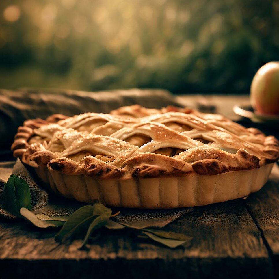 a golden apple pie on a wooden table