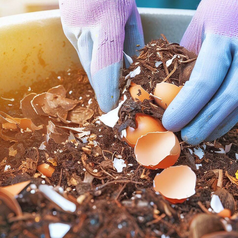 a person adding eggshells to compost