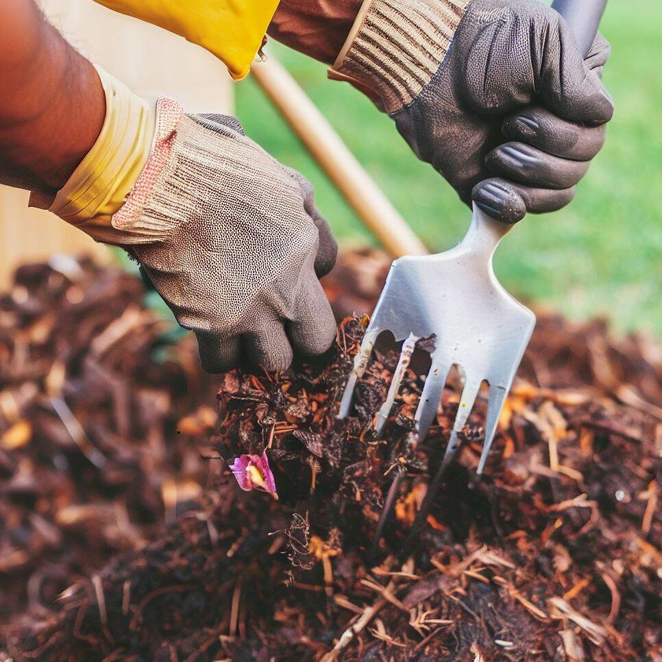 a person turning compost with a fork