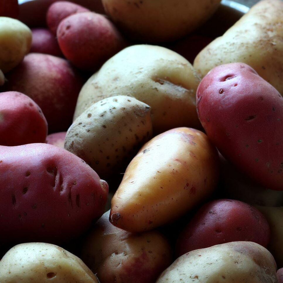 a photo of an assortment of sweet, new, red, bucket, charlotte, and seed potatoes