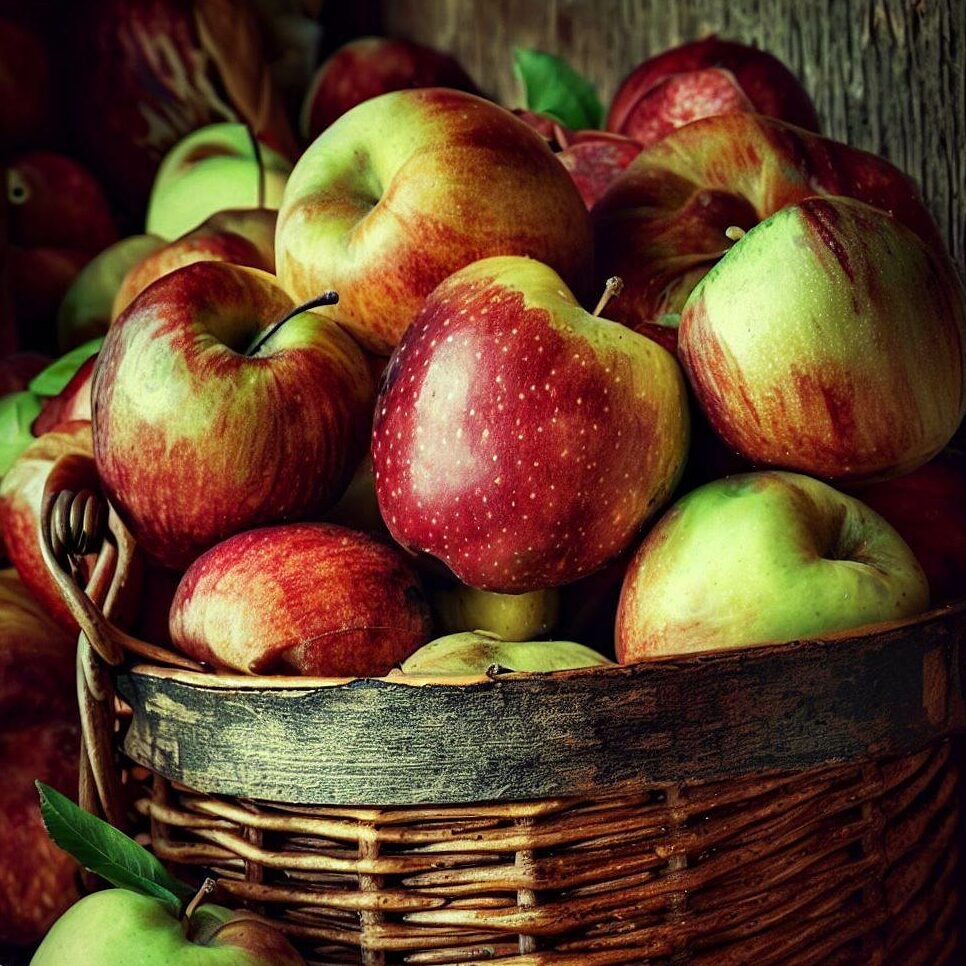 a rustic basket overflowing with fresh apples