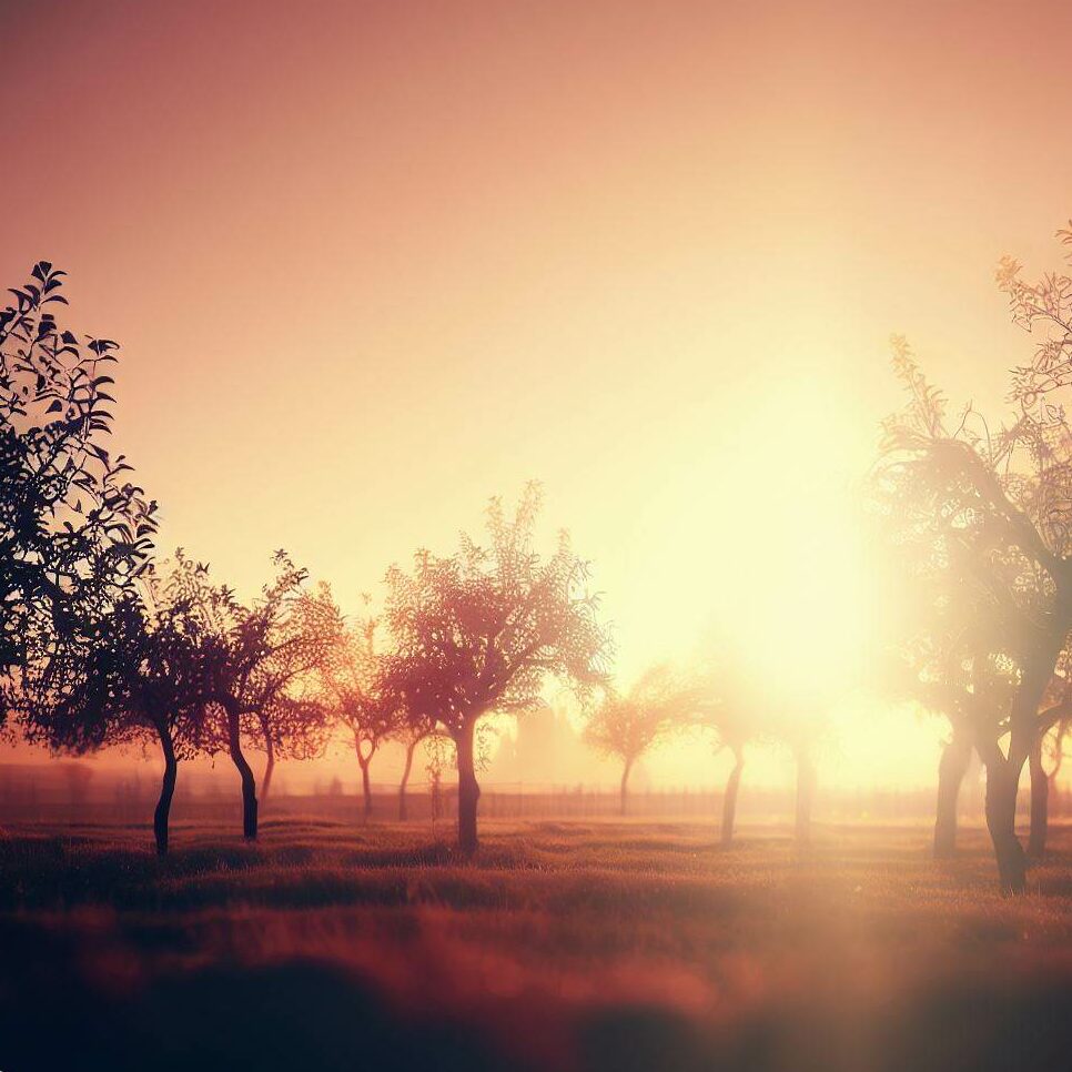 a serene apple orchard with the sun setting in the background