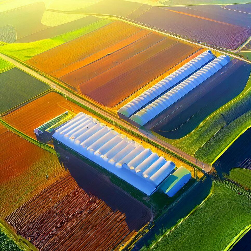 aerial view of a modern farm with different crops