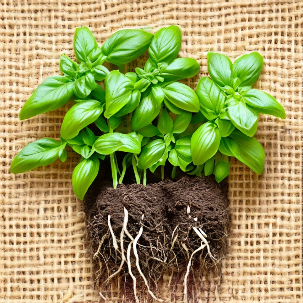 basil plant and soil on a jute mat