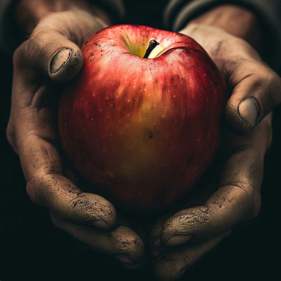 close-up of hands showcasing a pristine apple