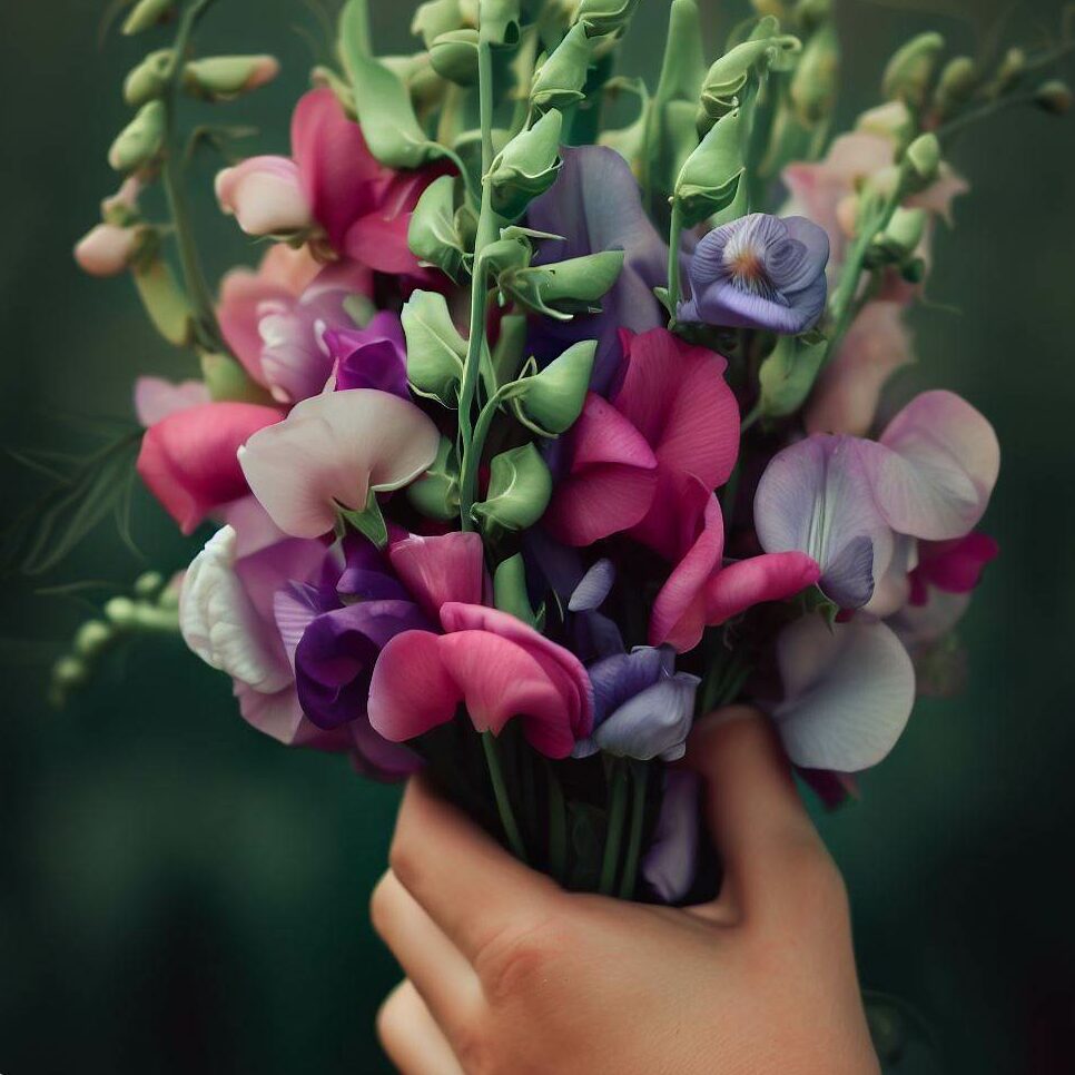 hand holding a bouquet of sweet peas