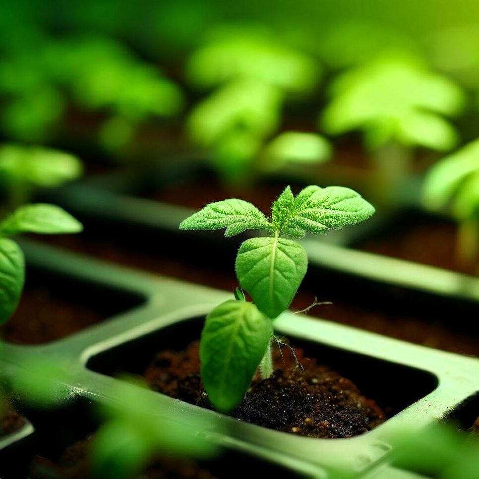 hybrid tomato seedlings growing in trays