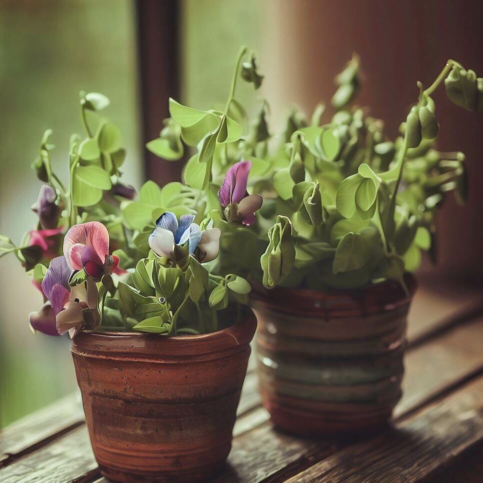 potted sweet peas on a wooden table