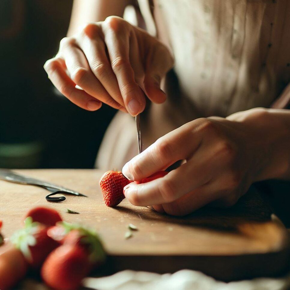 harvesting strawberry seeds with tweezers