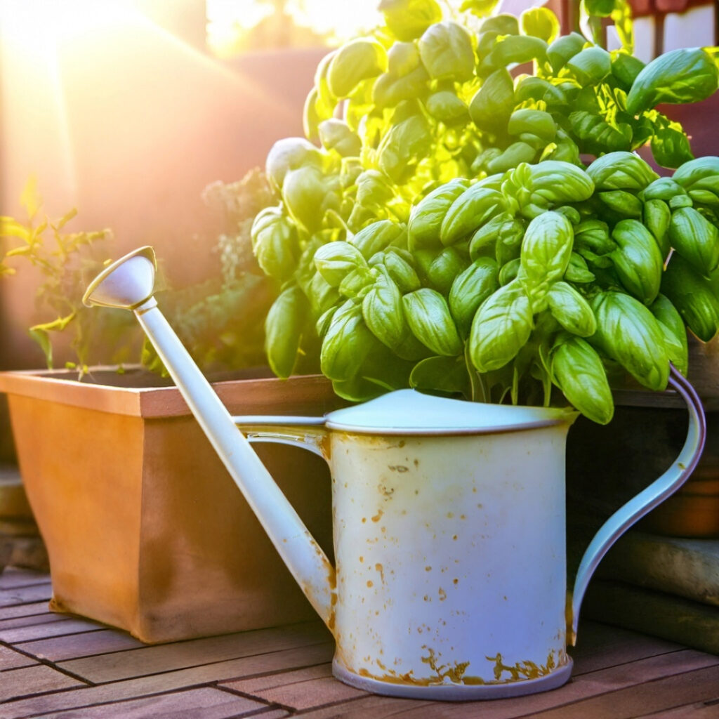 healthy basil plant and watering can