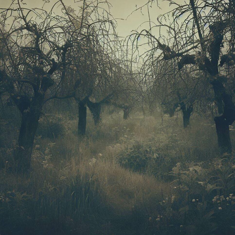 overgrown weedy orchard