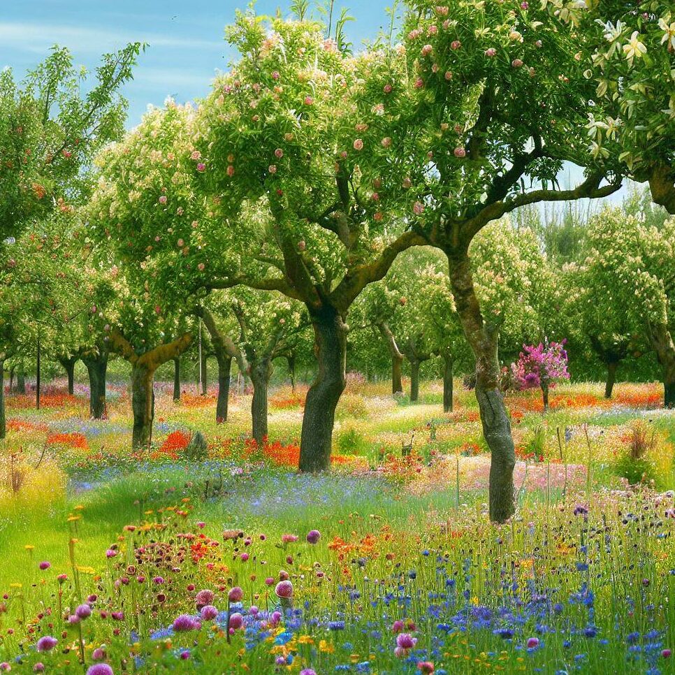 fruit tree orchard with wildflowers