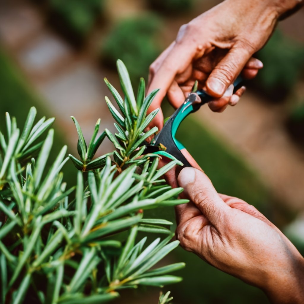 A person pruning a rosemary plant in a garden