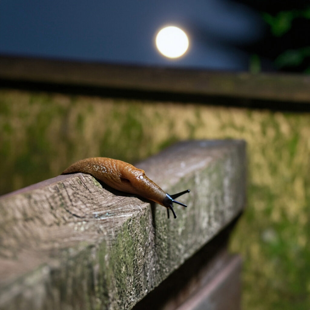 A slug moving along a wooden fence at night