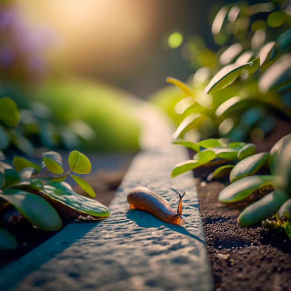 A slug traversing a garden path in the moonlight