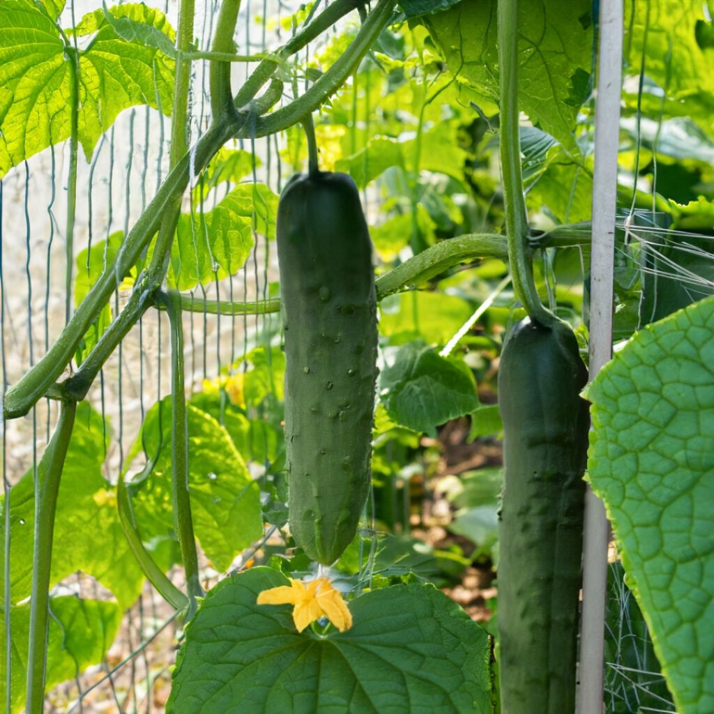 Cucumber plants growing on a trellis