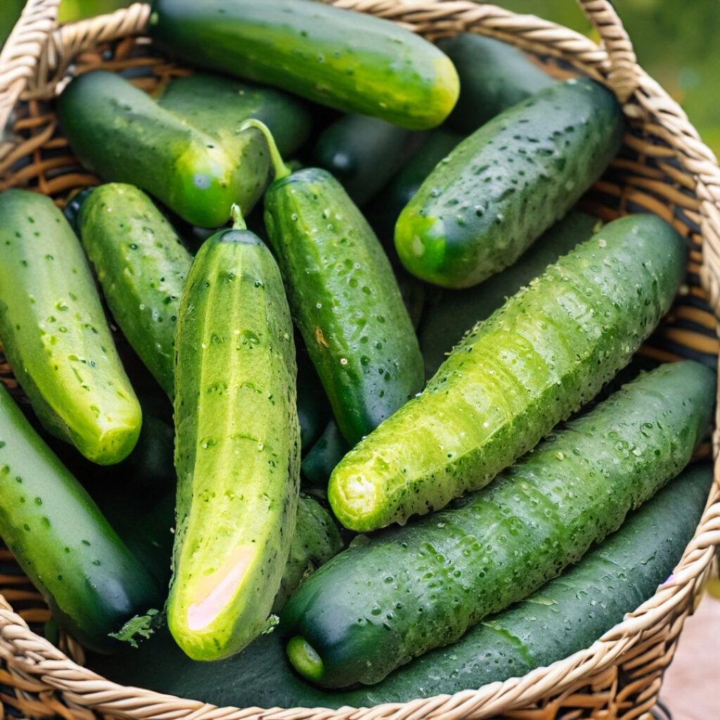 Freshly harvested cucumbers in a basket