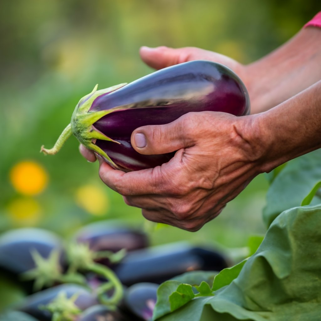 Harvesting mature eggplants from the garden