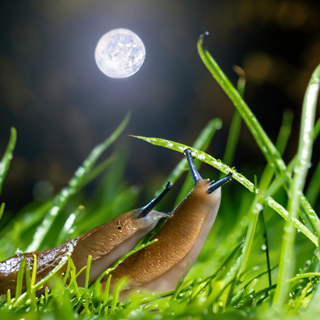 Multiple slugs on dew-covered grass at night