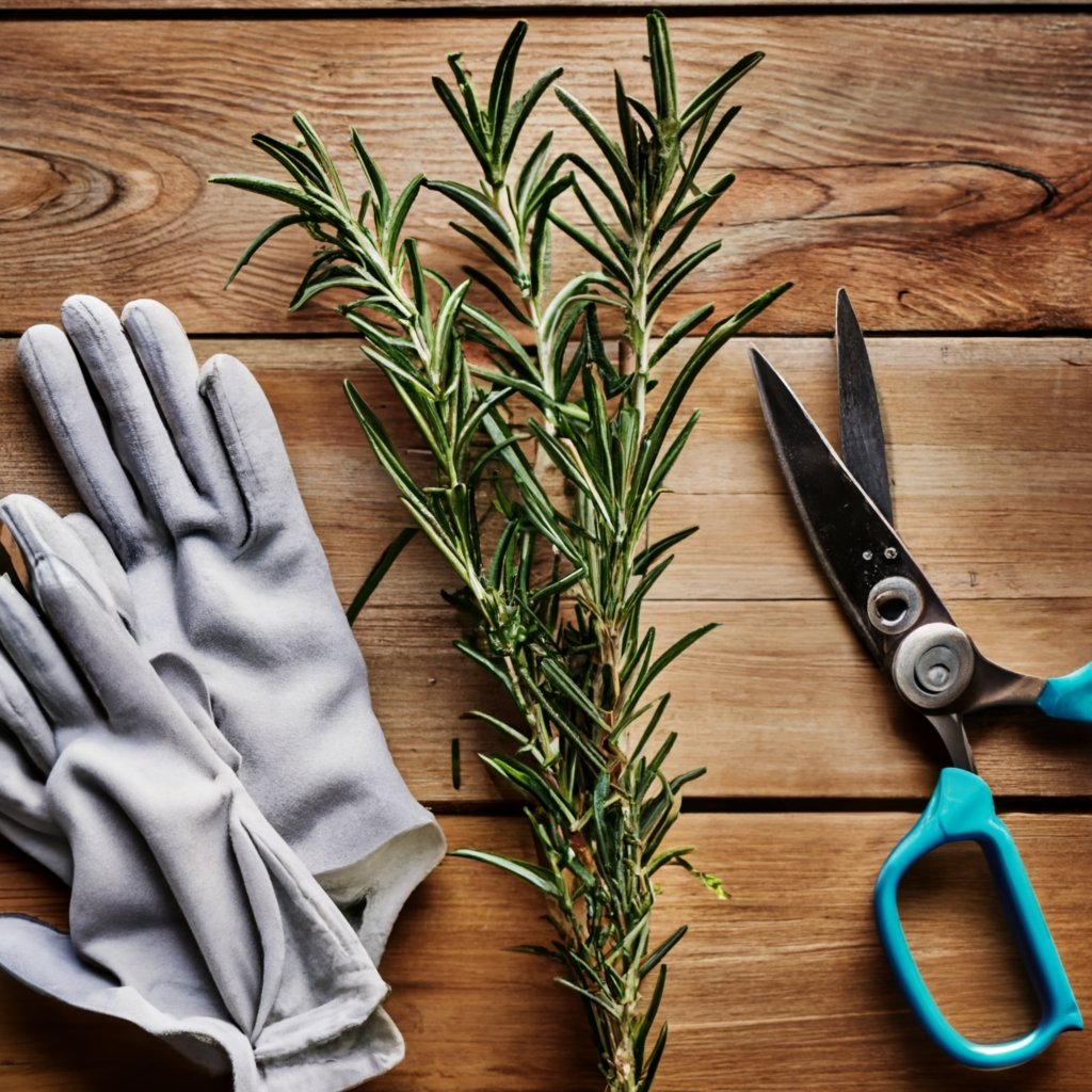 Pruning tools next to a rosemary plant