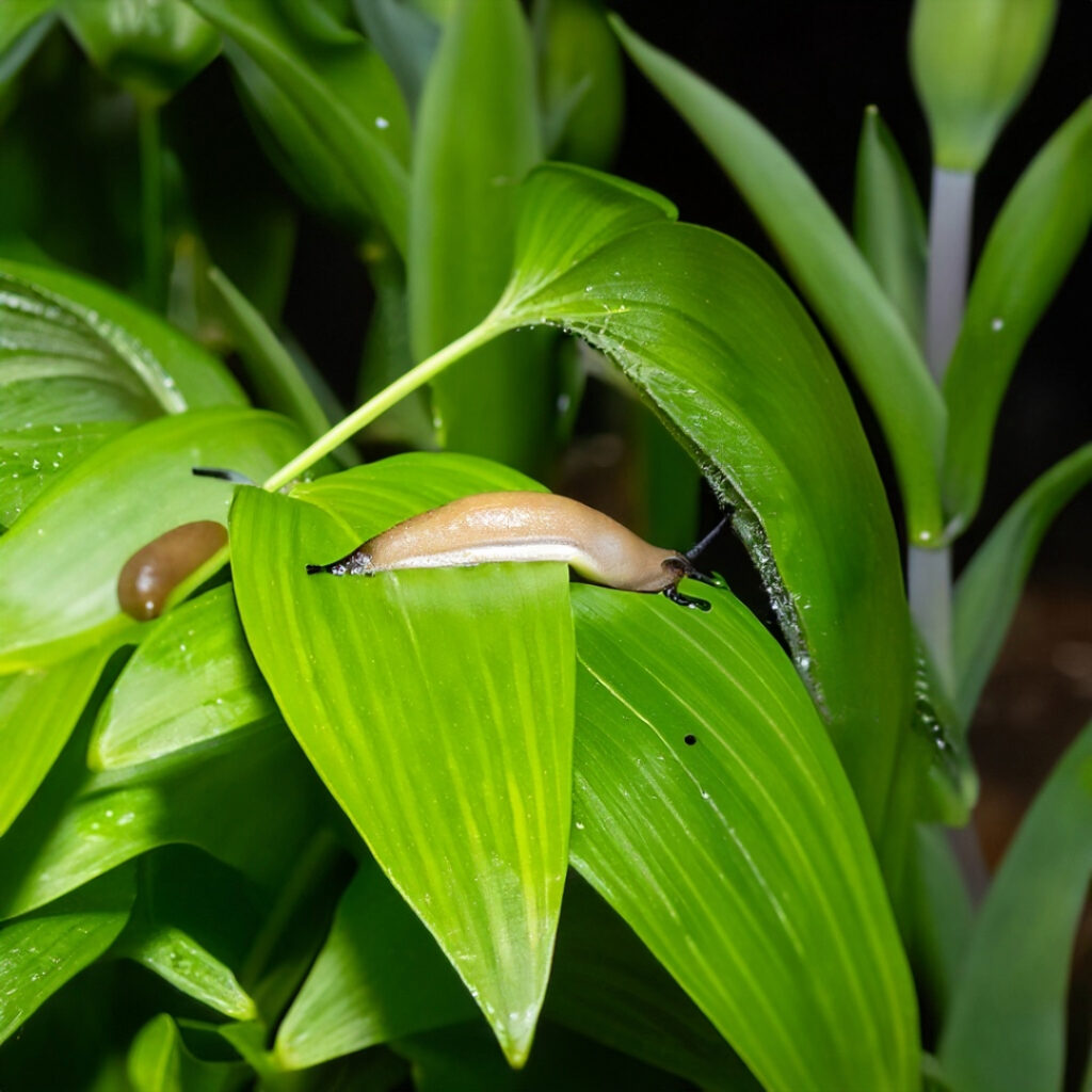 Slugs congregating near a garden plant at night