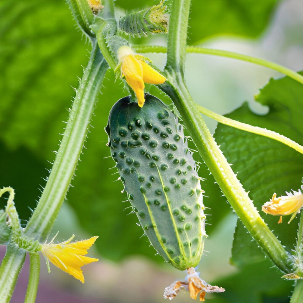 Young cucumbers developing on the vine