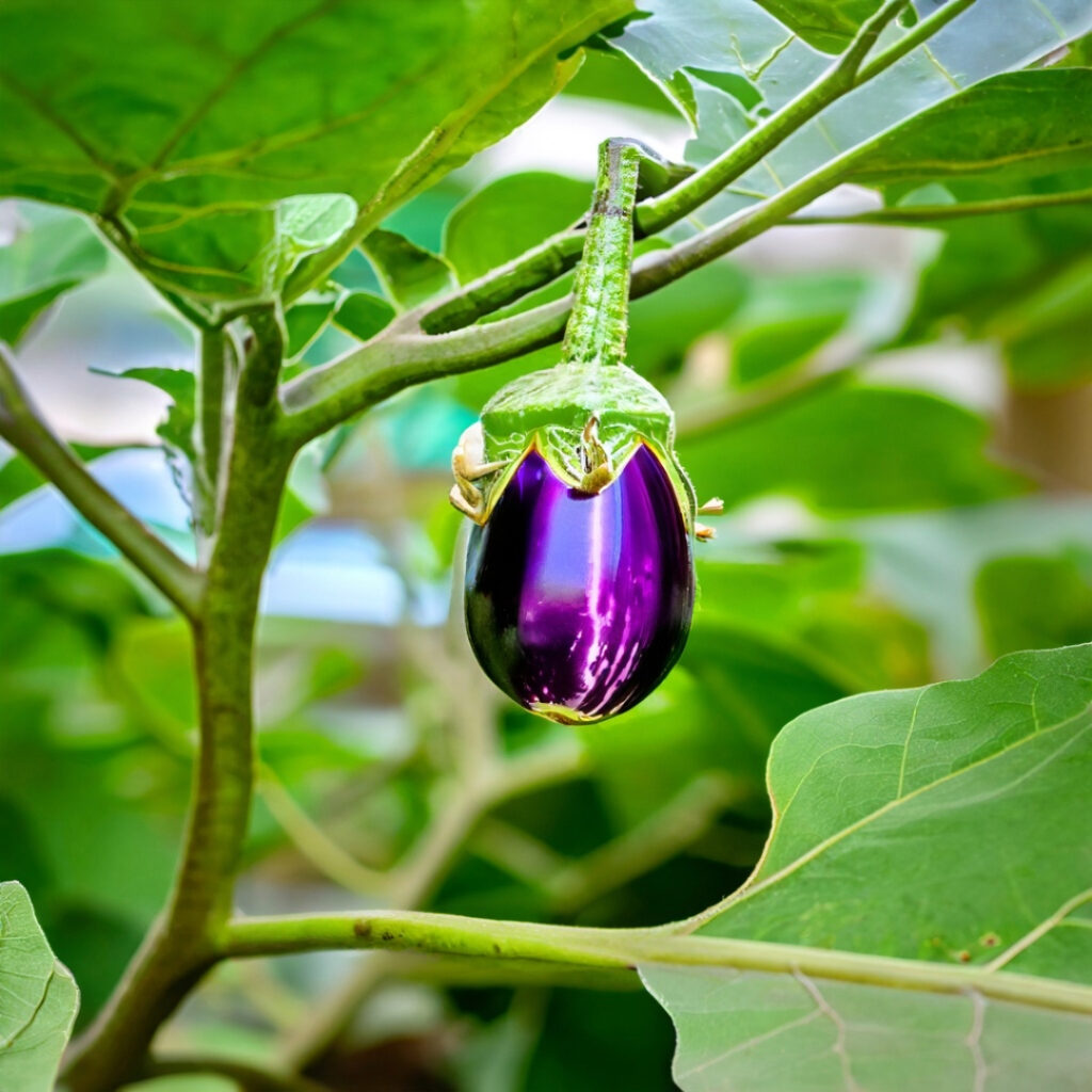 Young eggplant fruits developing on the plant