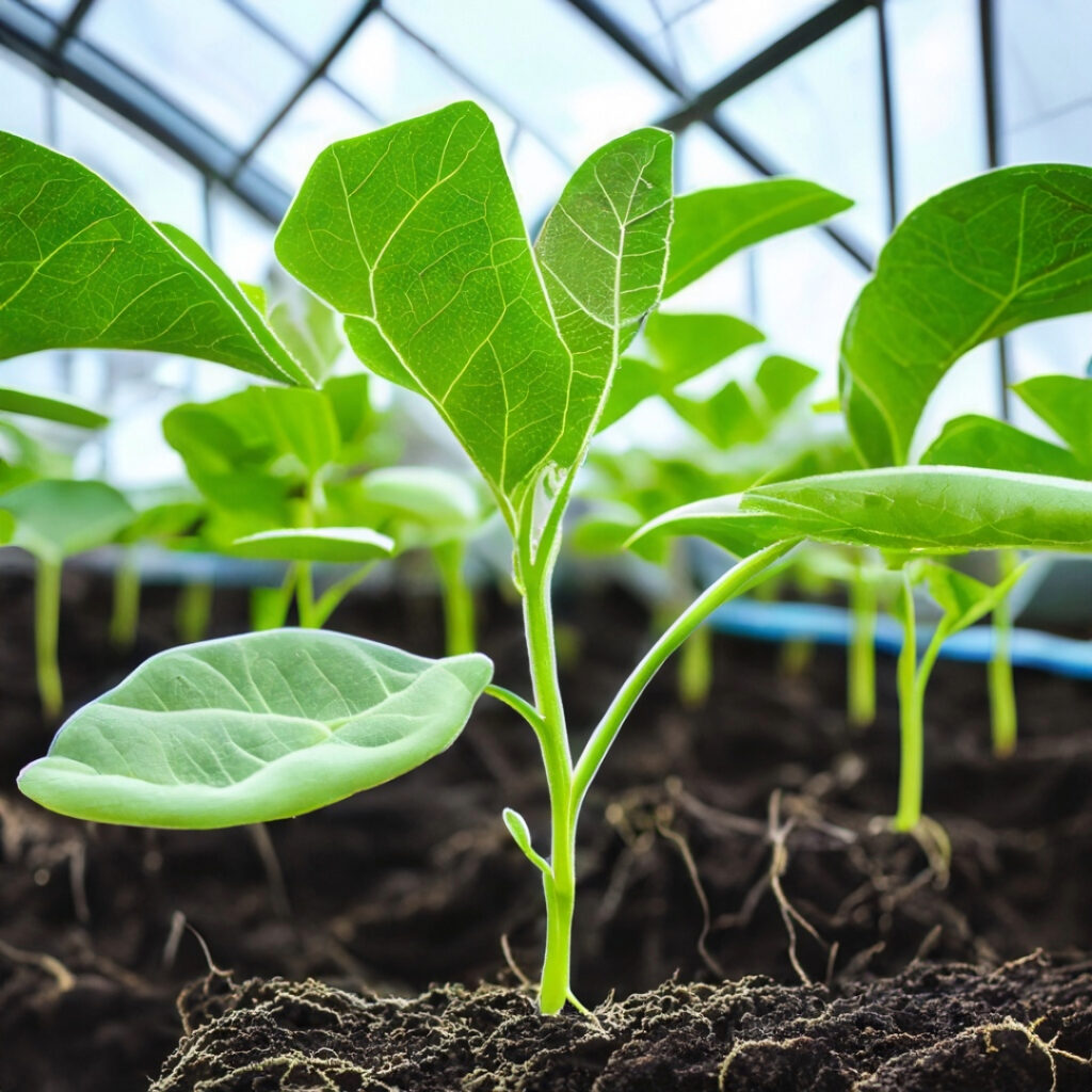 Young eggplant seedlings in a greenhouse