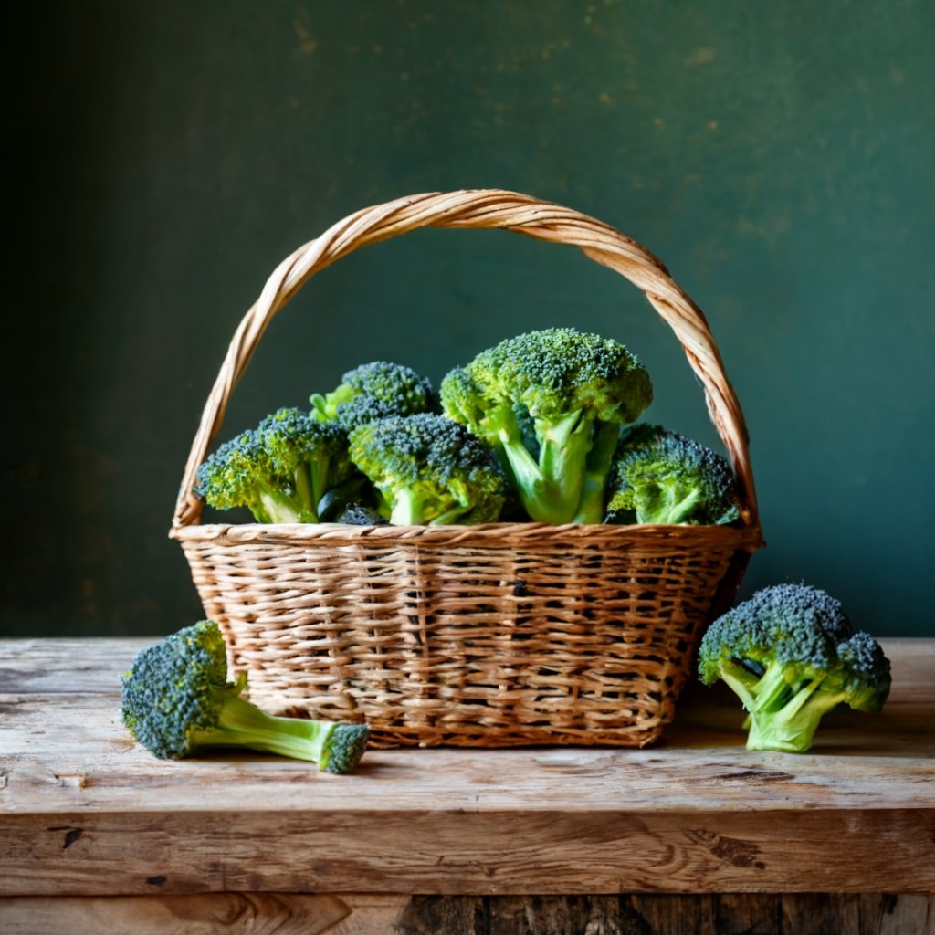 Handmade basket with bolting broccoli