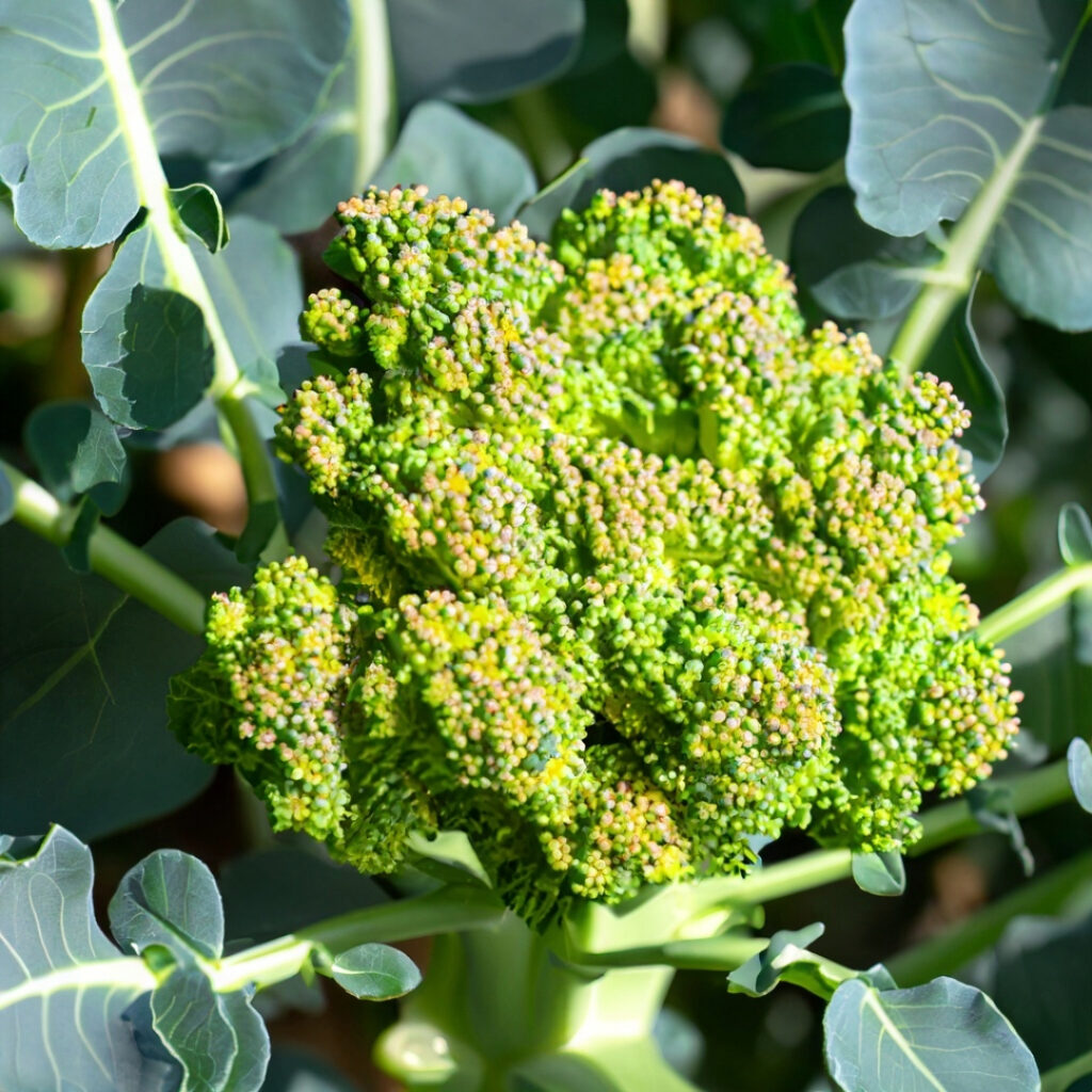 A broccoli plant bolting in a garden