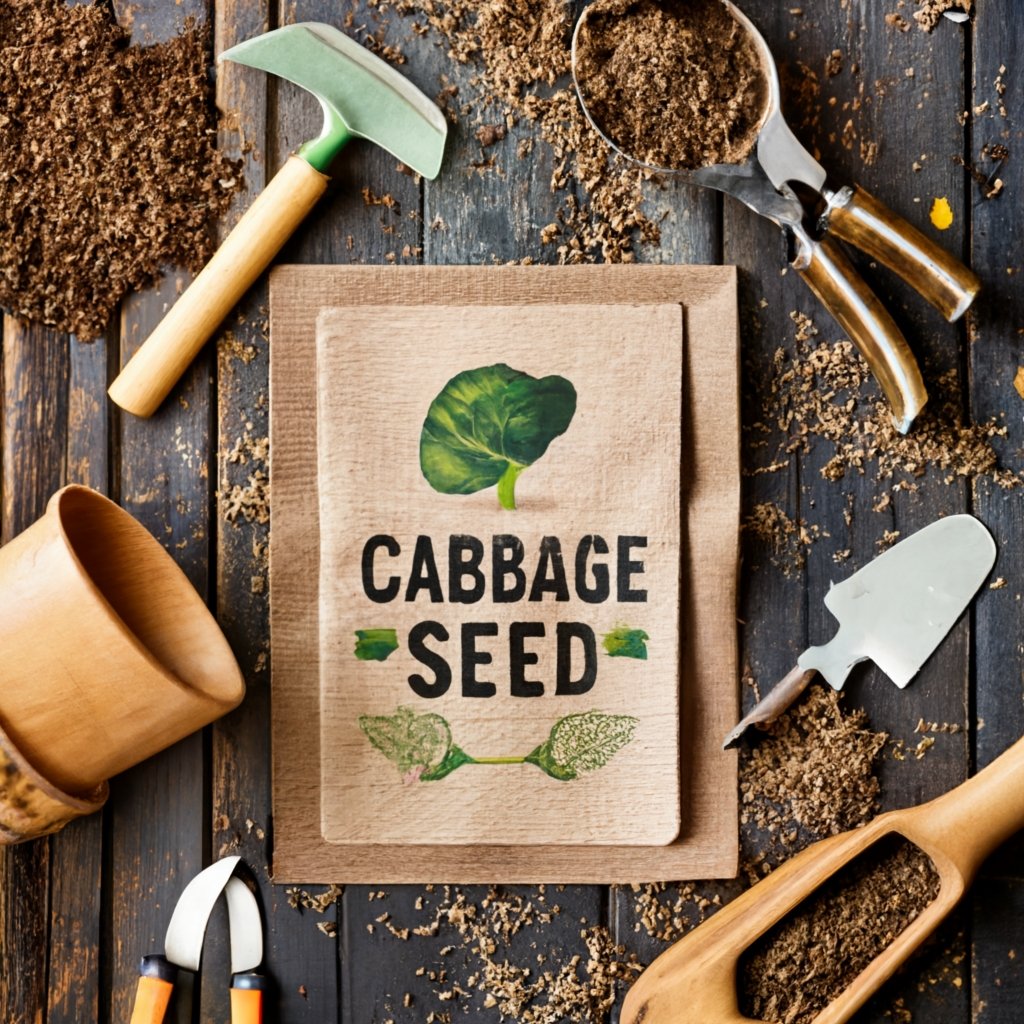 A cabbage seed packet with rustic background