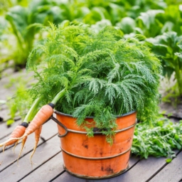 carrots growing in an old orange bucket