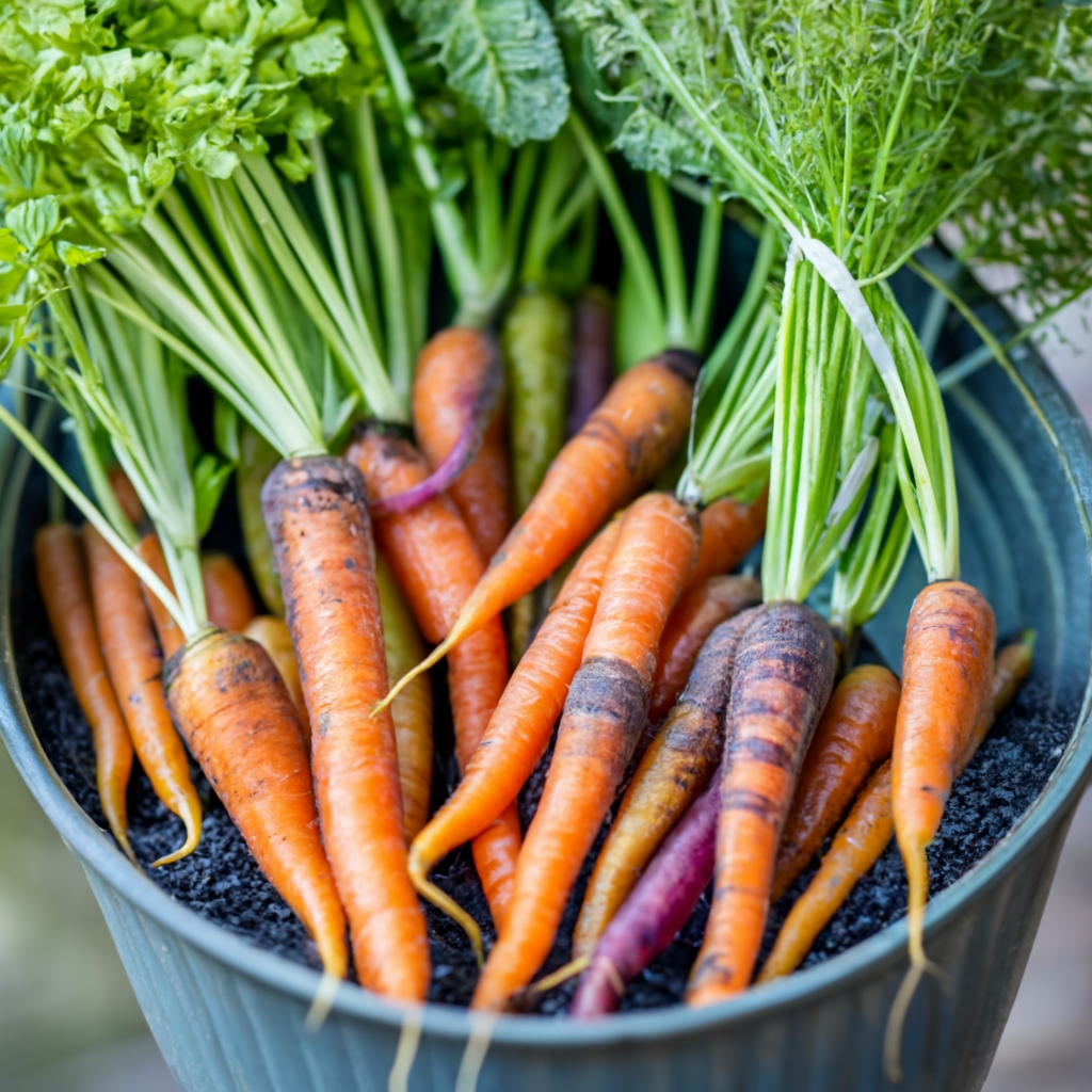 Carrots growing in a bucket