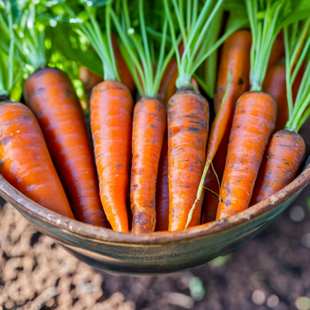 Container carrot garden with thriving orange carrots