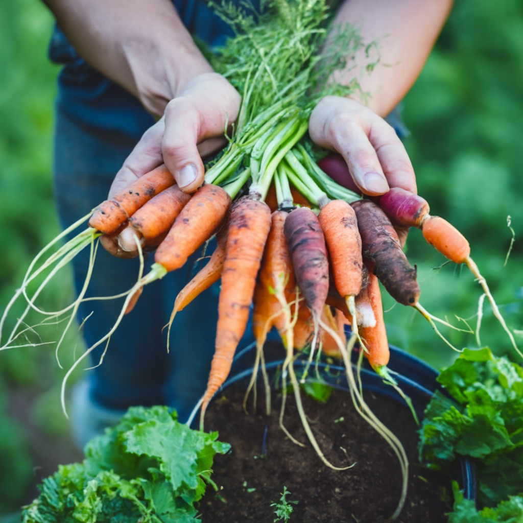 Harvesting fresh carrots from containers