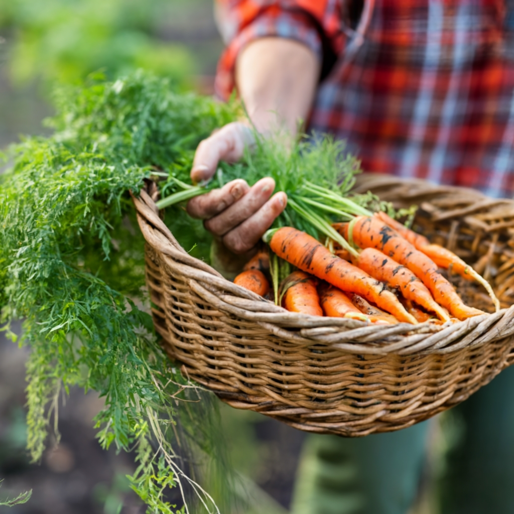 Harvesting fresh carrots from containers